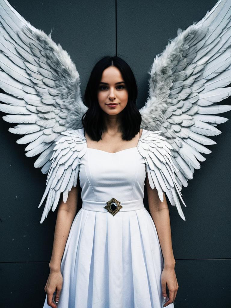 Woman in White Dress with Extra Large Angel Wings Cosplay Festival Portrait