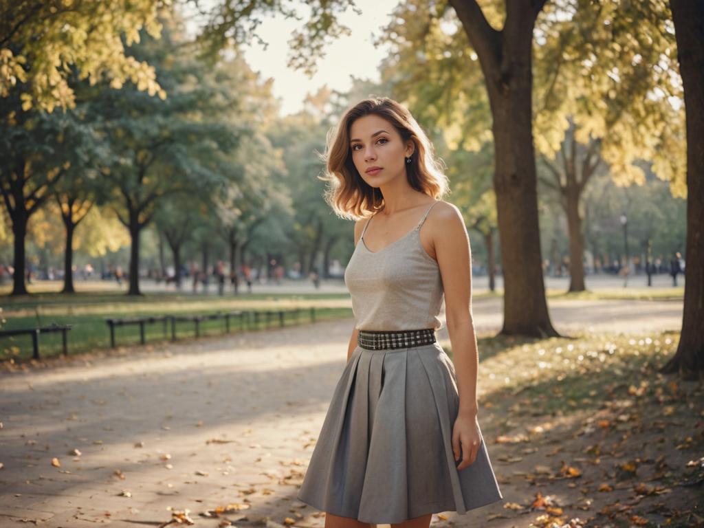 Woman in Chic Gray Skirt and Tank Top Against Overcast Park