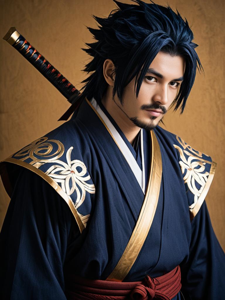 Man Wearing Gouketsu Samurai Cosplay Costume with Katana Realistic Photo