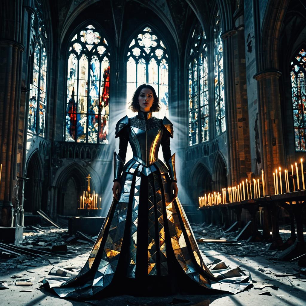 Woman in Metallic Armor Gown Inside Gothic Cathedral with Stained Glass