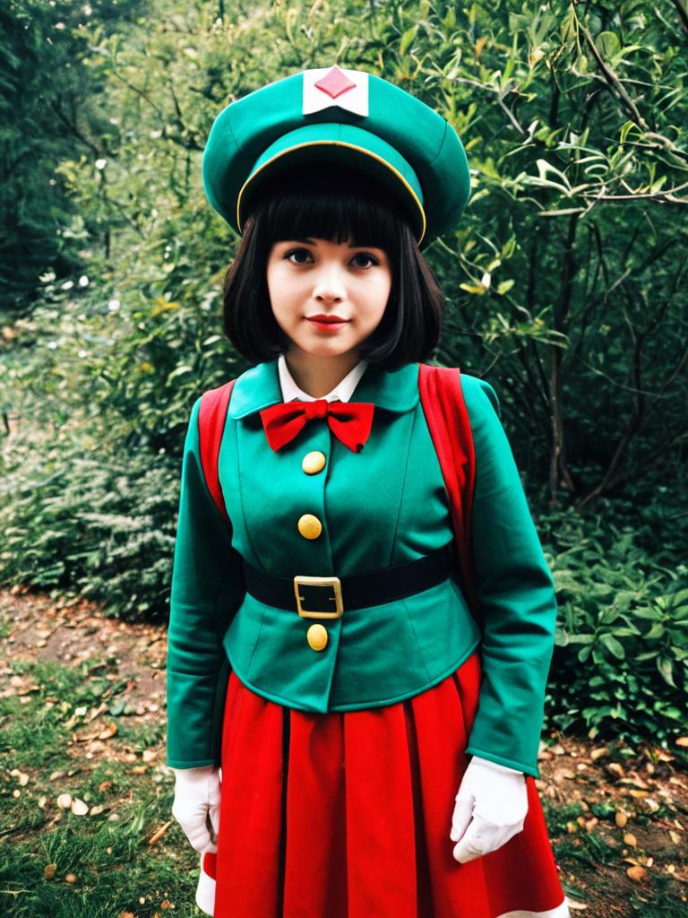 Realistic Adeline Cosplay Costume by Woman in Green and Red Outfit