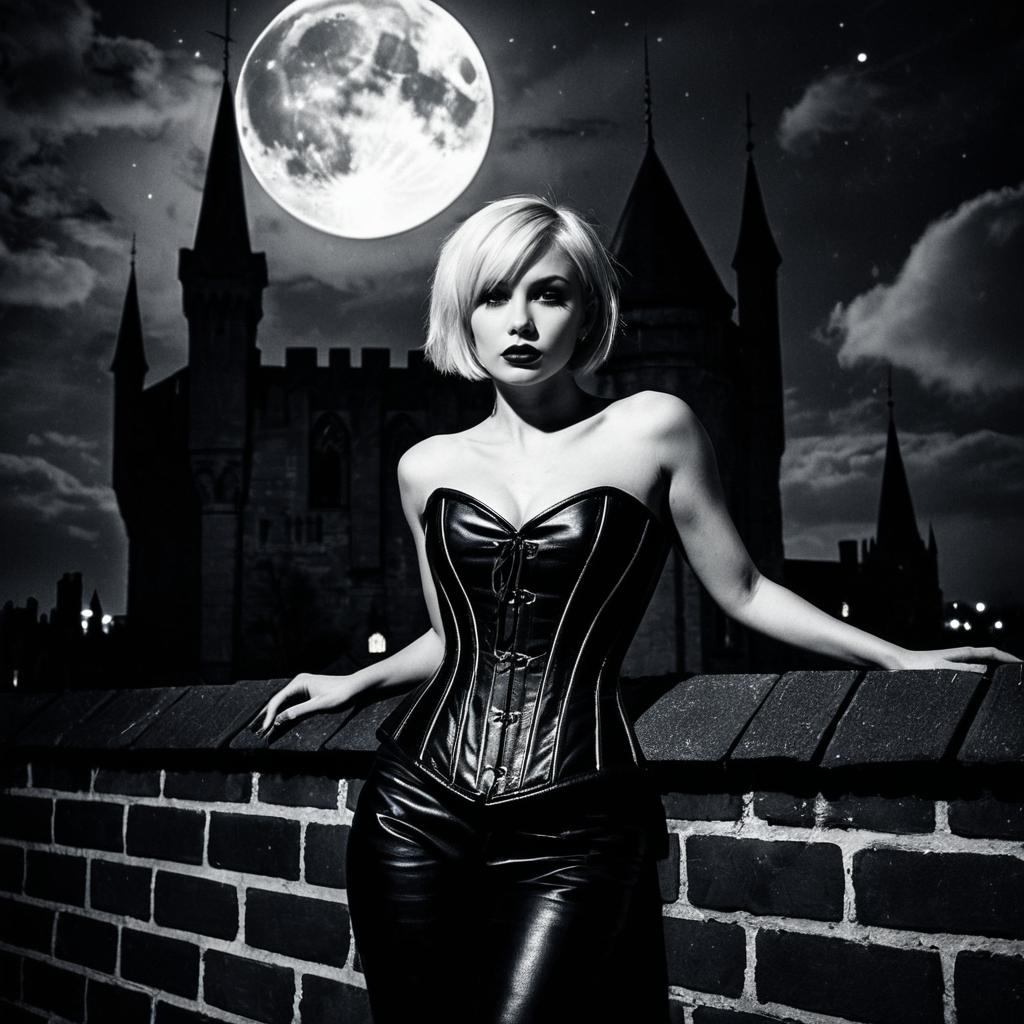 Gothic Woman in Leather Corset with Full Moon and Castle Background