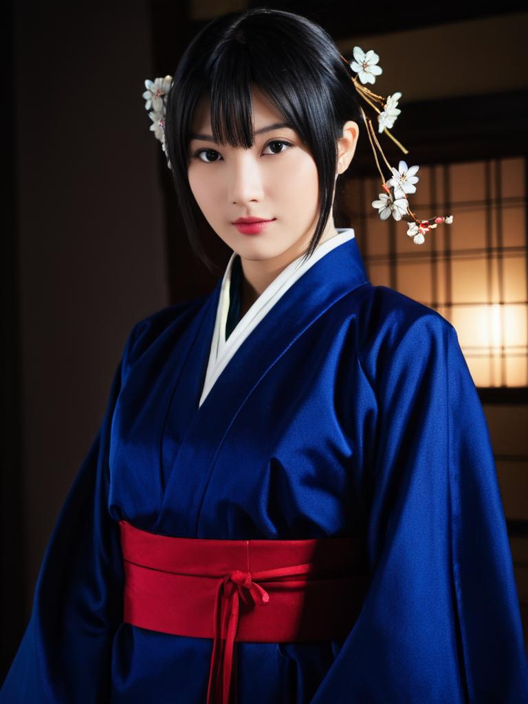 Realistic Hanabi Hyuga Cosplay Woman in Blue Kimono with Floral Hair Accessories