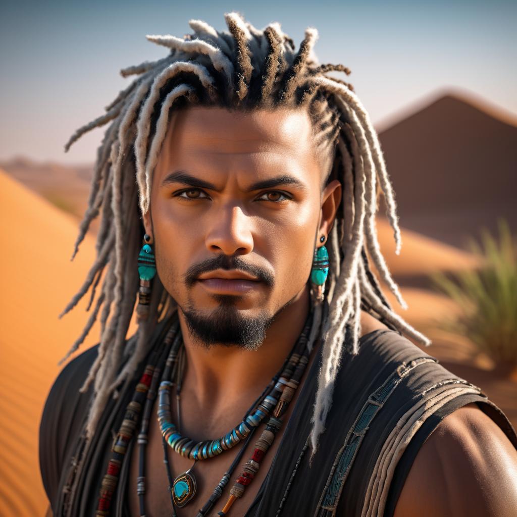 Sad Strong Man with Silver Dreadlocks in Desert