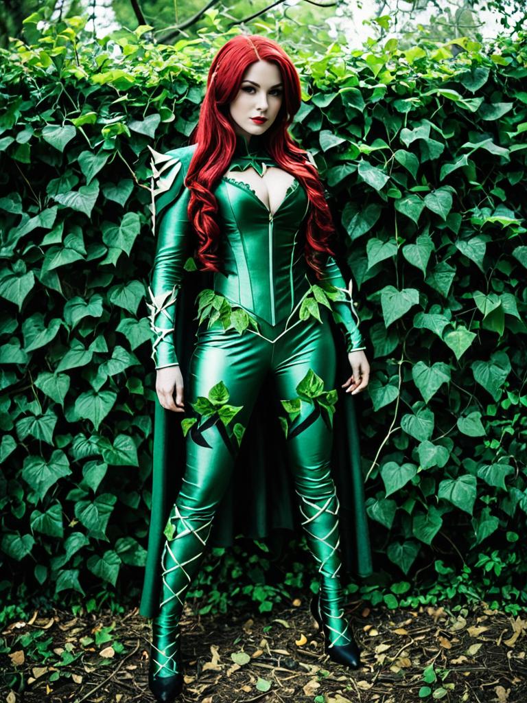 Poison Ivy Cosplay Woman in Green Bodysuit with Red Hair Among Ivy Vines