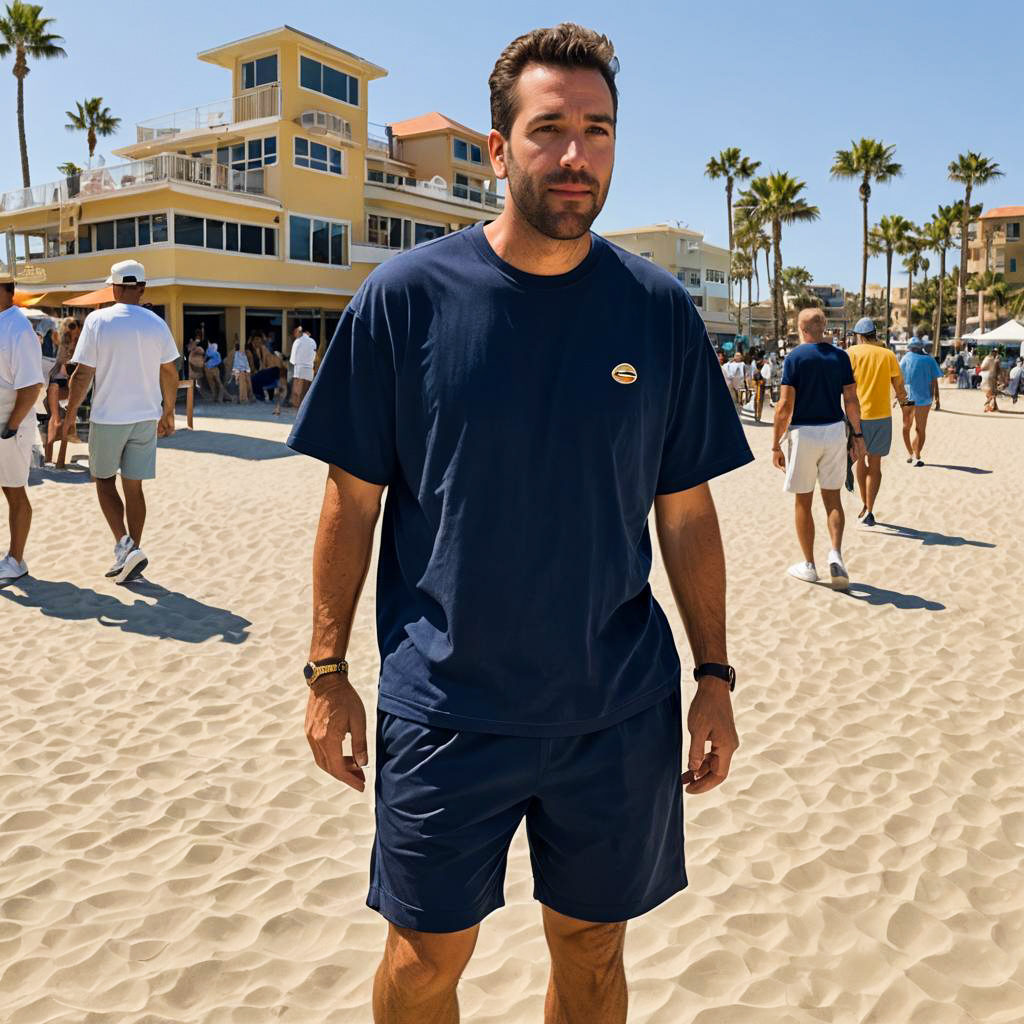 Man in Navy Blue Outfit on Sandy Beach with Palm Trees