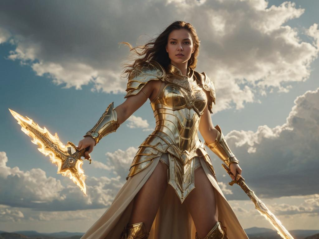 Warrior Woman in Golden Armor with Lightning Sword