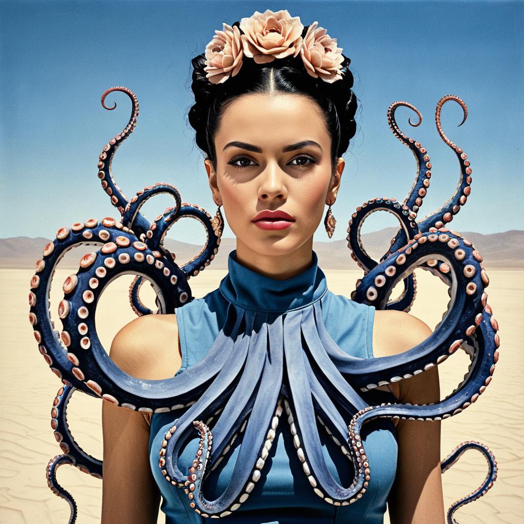 Surreal Portrait of Woman Wearing Octopus Tentacle Fashion in Desert