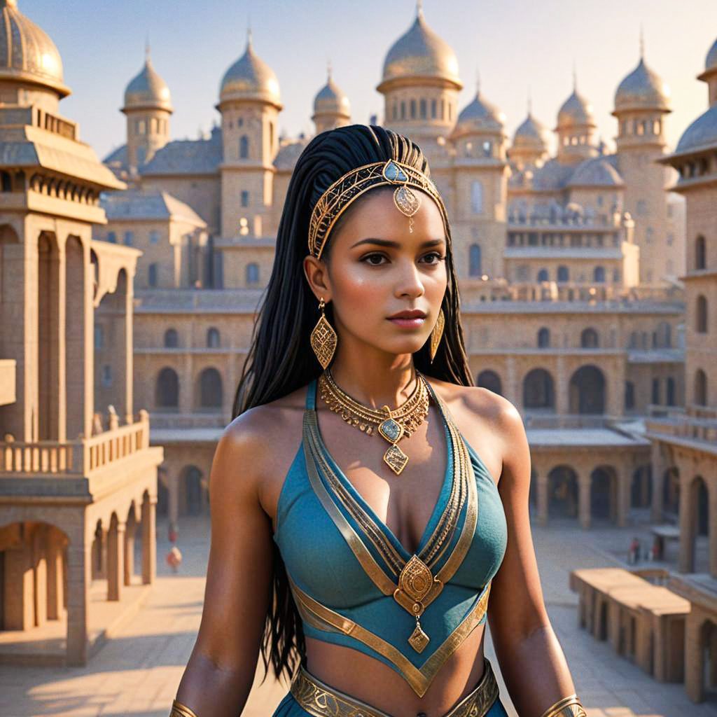 Woman in Teal Outfit with Jewelry Against Palace Architecture