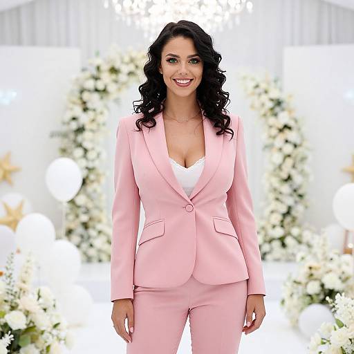 Confident Woman in Pink Suit Against Elegant Floral Wedding Background