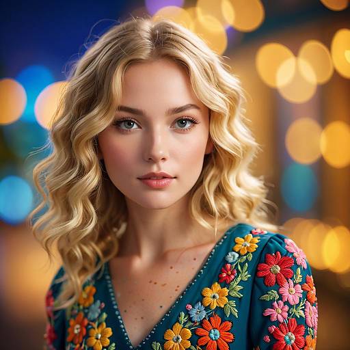 Portrait of Blonde Woman in Floral Embroidered Top with Bokeh Background