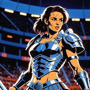 Futuristic Woman in Metallic Armor in Arena