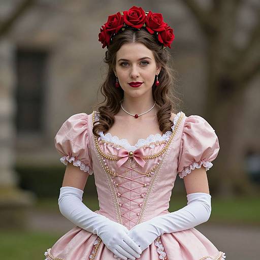 Victorian Style Woman in Pink Evening Gown with Red Rose Crown