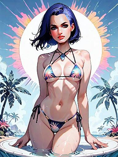 Digital Anime Woman in Tropical Bikini with Blue Hair by Water