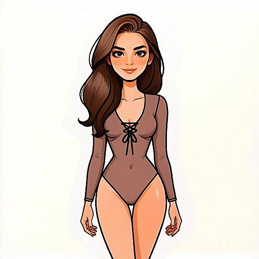 Stylish Woman in Brown Long Sleeve Bodysuit Cartoon Illustration