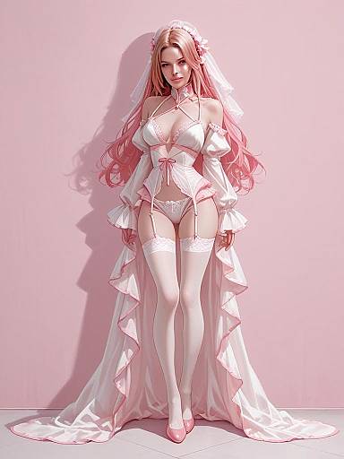 Realistic Woman in Sheer Pink Boudoir Lingerie Full Body Shot