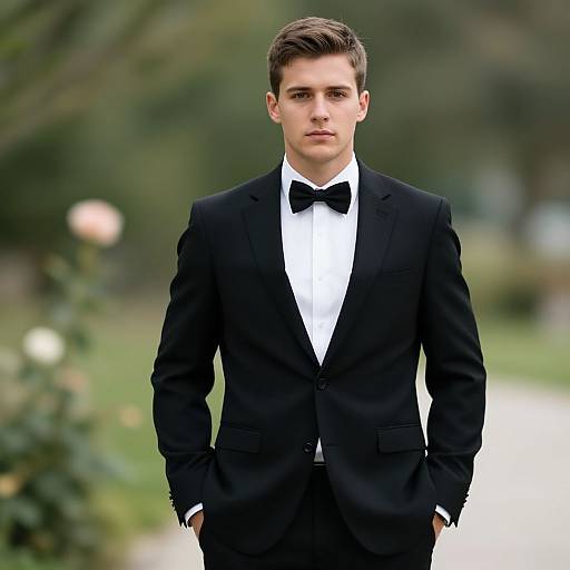 Young Man in Classic Black Tuxedo with Bow Tie Outdoor Portrait