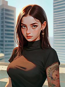 Young Woman with Green Eyes and Tattoo in Urban Setting
