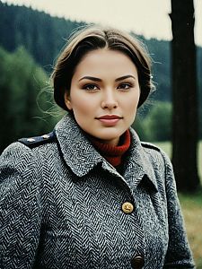 Young Woman in Grey Herringbone Coat Outdoor Portrait