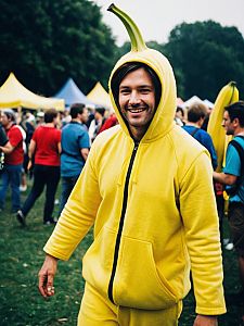 Man in Banana Costume at Outdoor Festival Candid Cosplay Portrait