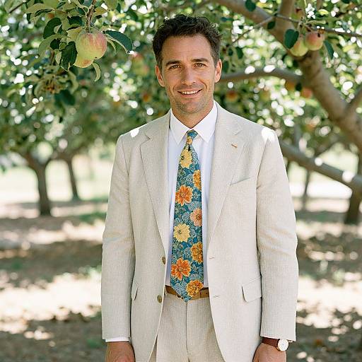 Man in Beige Suit with Floral Tie Standing in Apple Orchard