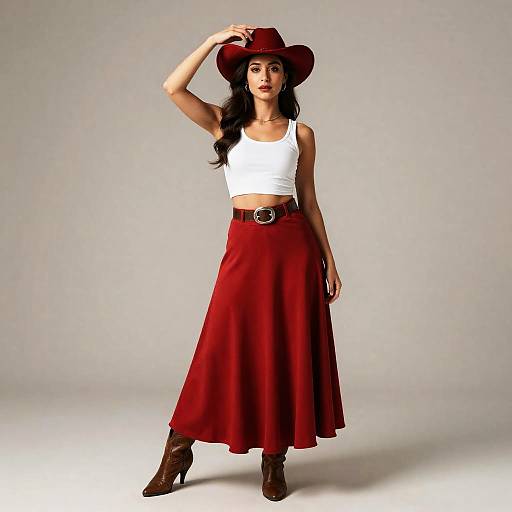 Western Dance Costume Woman in Red Skirt and Cowboy Hat