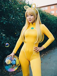 Woman in Yellow Bodysuit with Cat Ears Holding Geometric Spherical Bag
