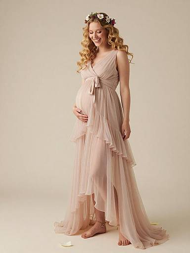 Pregnant Woman in Flowing Blush Pink Maternity Dress with Floral Crown