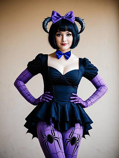 Woman in Black and Purple Spider-Themed Costume with Horn Headpiece and Bow