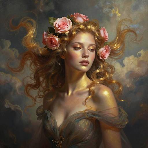 Elegant Woman with Golden Hair and Pink Roses in Classical Painterly Style