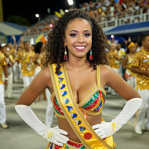 Brazilian Carnival Woman in Colorful Sequined Costume with Yellow Sash