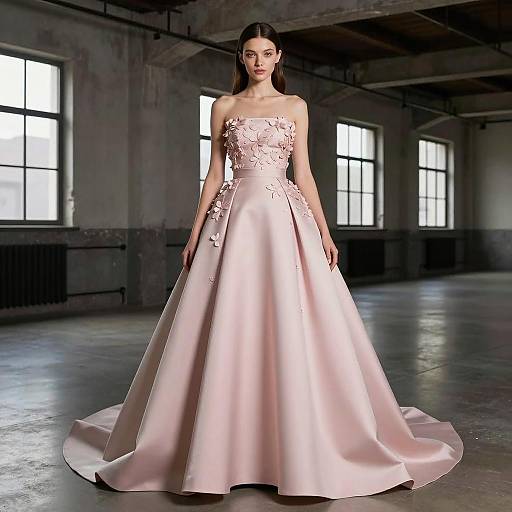 Elegant Strapless Pastel Pink Ball Gown with Floral Appliqués