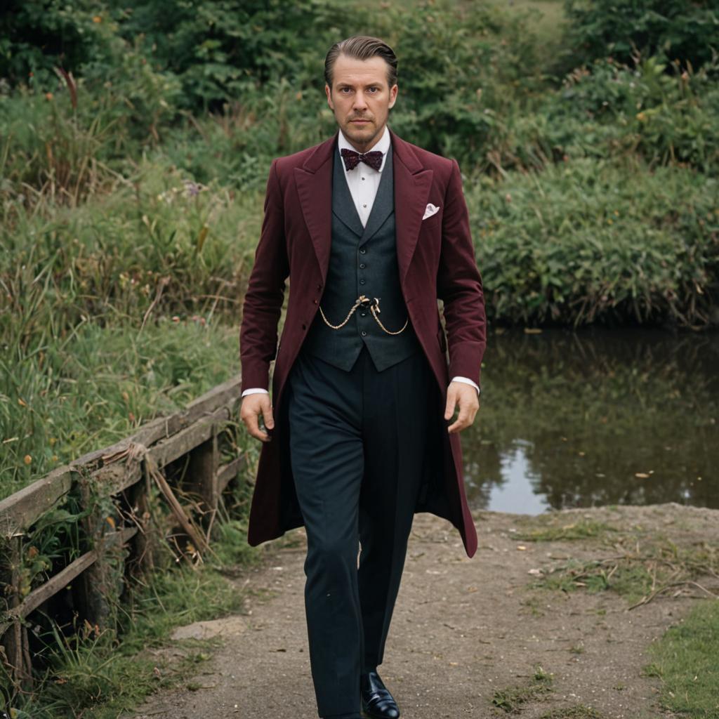 Elegant Man in Maroon Tailcoat Walking in Nature