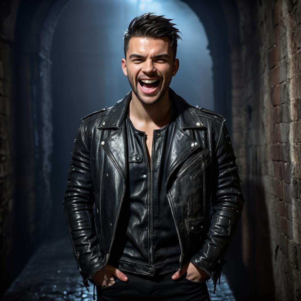 Confident Young Man in Black Leather Jacket