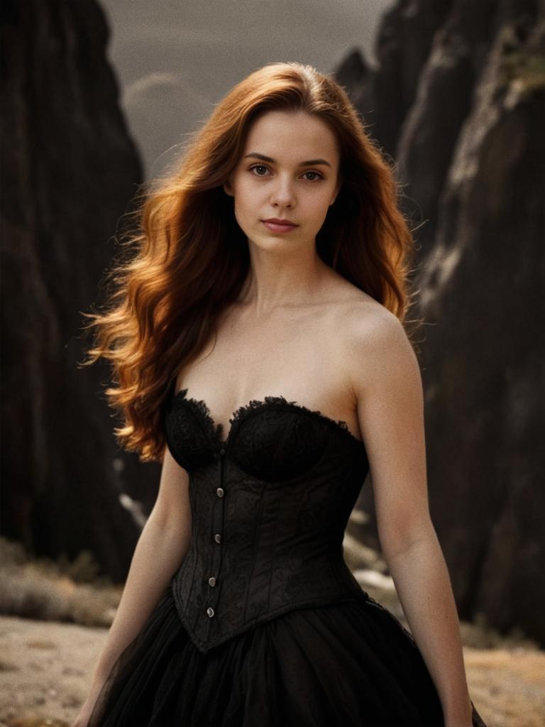 Ethereal Woman in Black Corset Dress