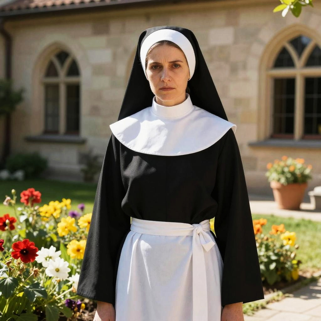 Woman in Traditional Nun Habit in Sunny Garden Setting