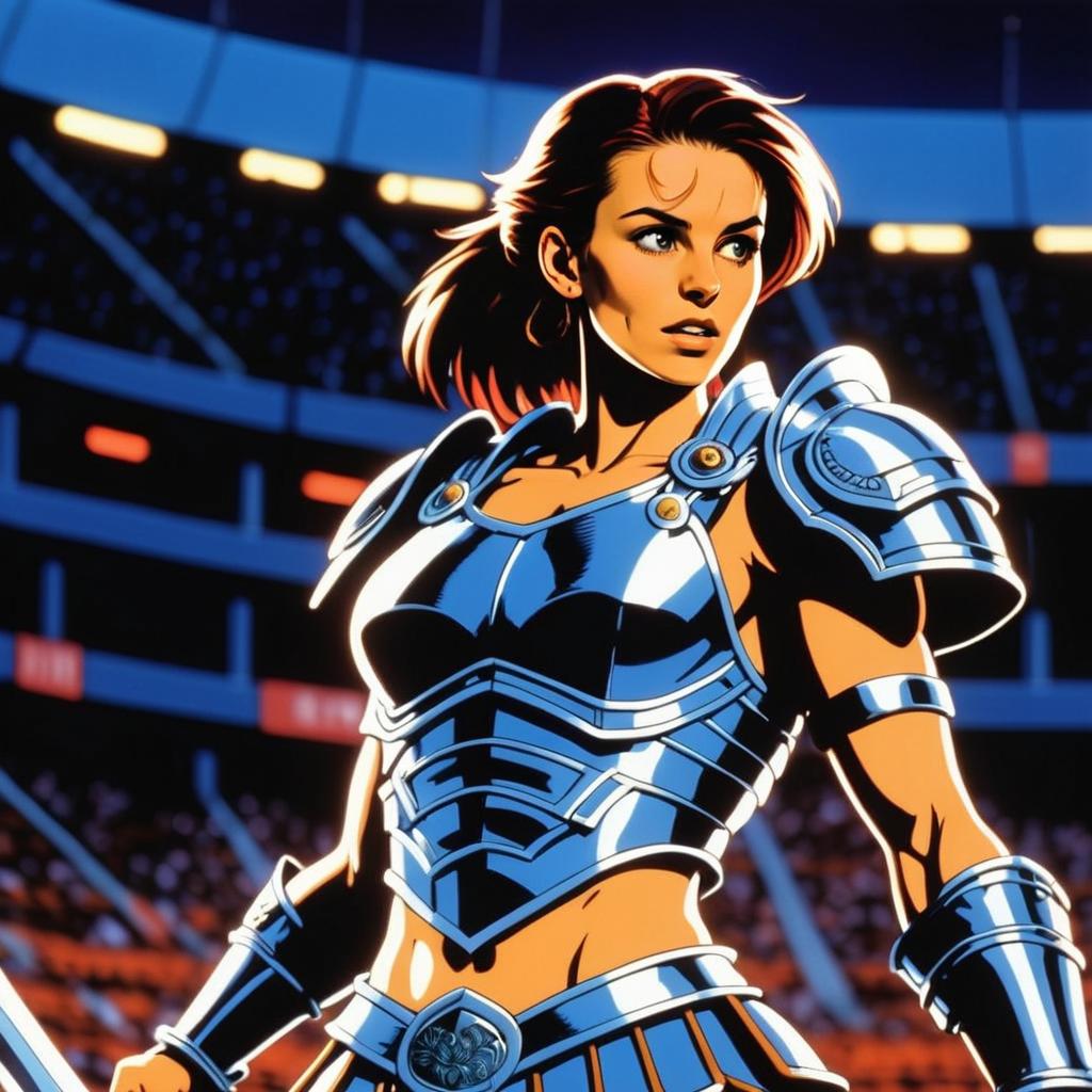 Futuristic Woman in Metallic Armor in Arena