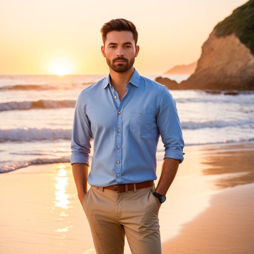 Stylish Man on Beach at Sunset