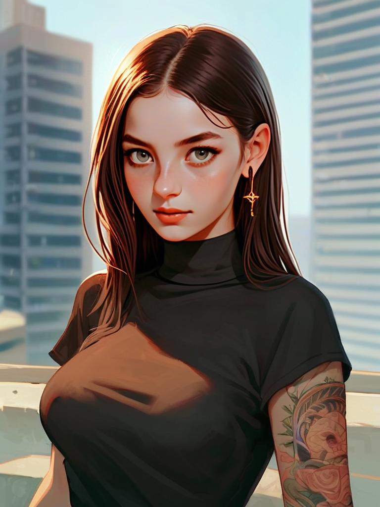 Young Woman with Green Eyes and Tattoo in Urban Setting