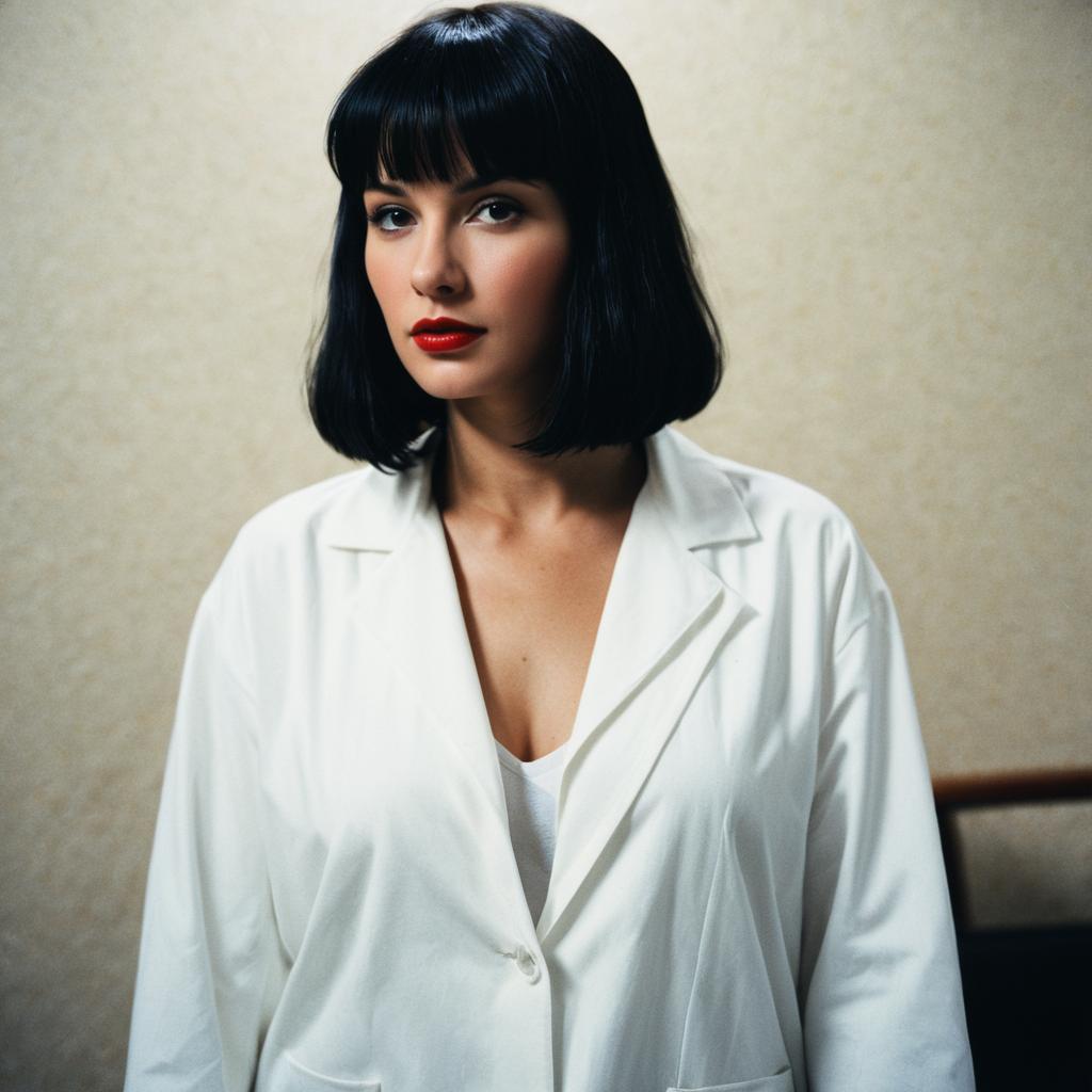 Stylish Woman in White Blazer with Black Bob Haircut and Red Lipstick