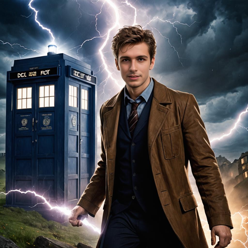 Man in Doctor Who Costume Beside TARDIS with Lightning