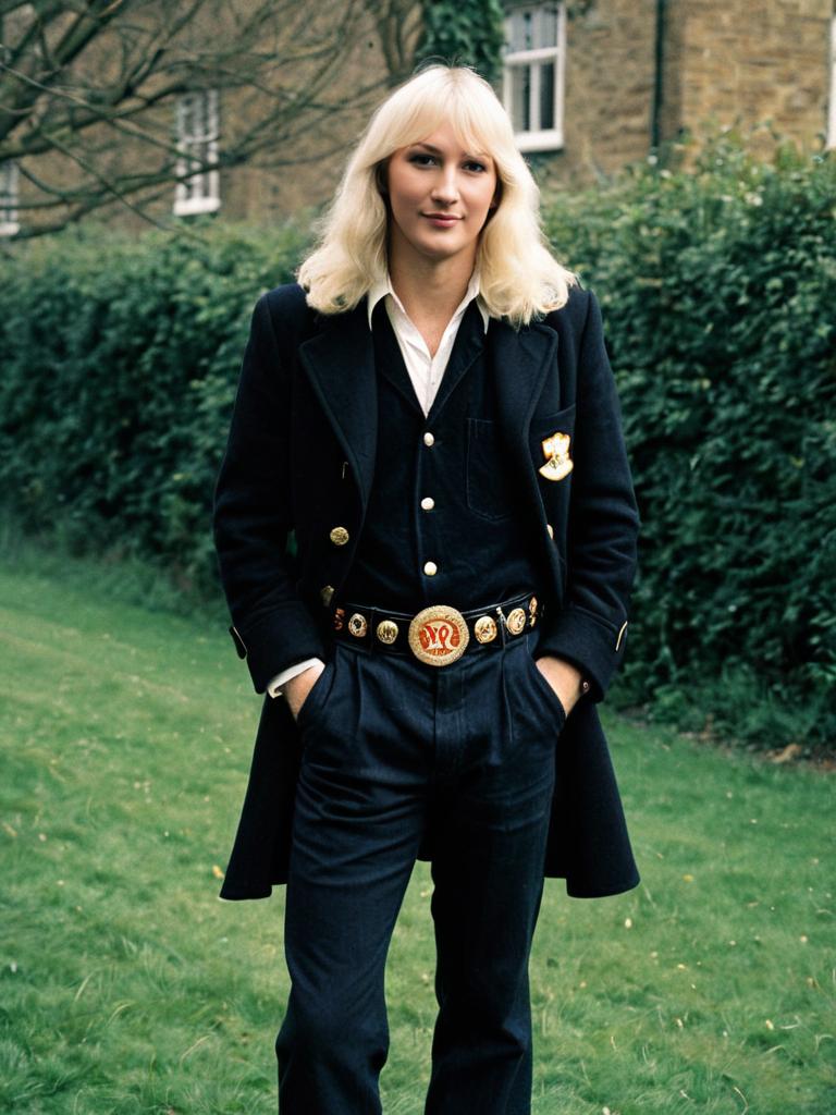 Blonde Man in Fancy Dress Coat with Gold Detailing Outdoors
