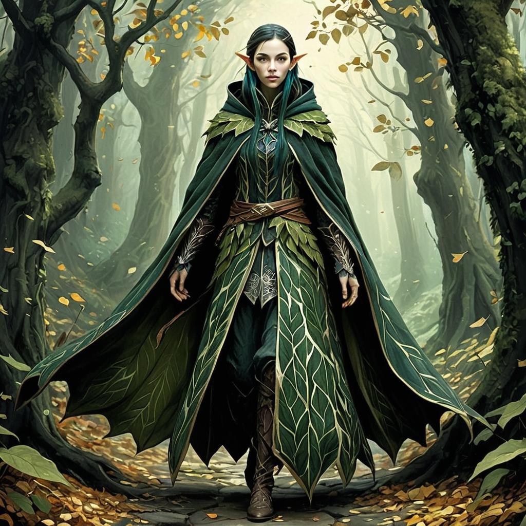 Fantasy Elf Woman in Detailed Leaf Cloak Walking Through Enchanted Forest