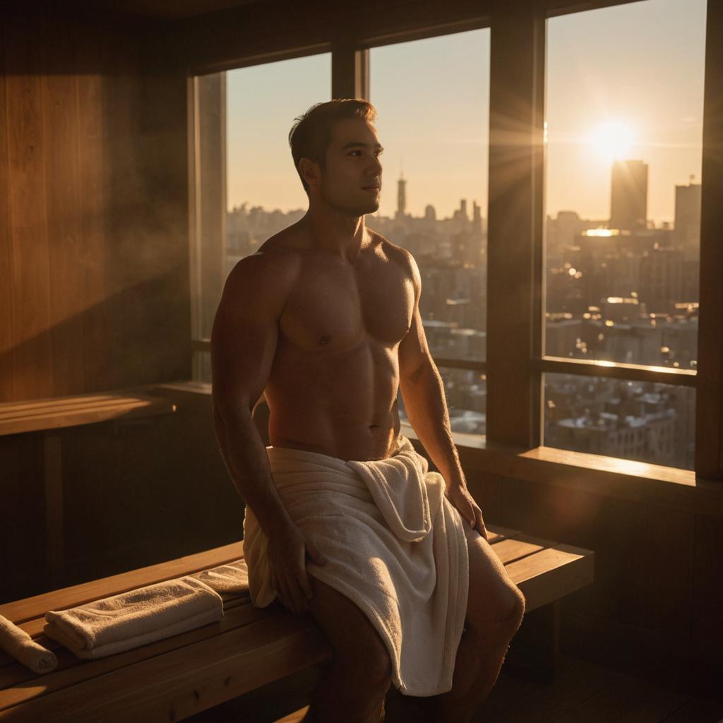 Contemplative Man in Sauna at Sunset