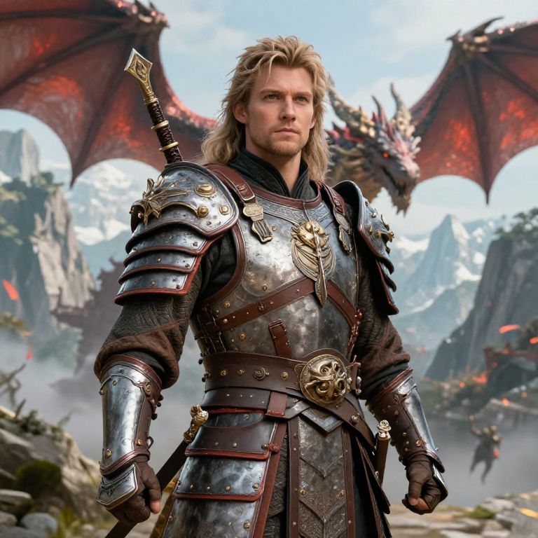 Medieval Fantasy Warrior with Dragon in Mountainous Landscape