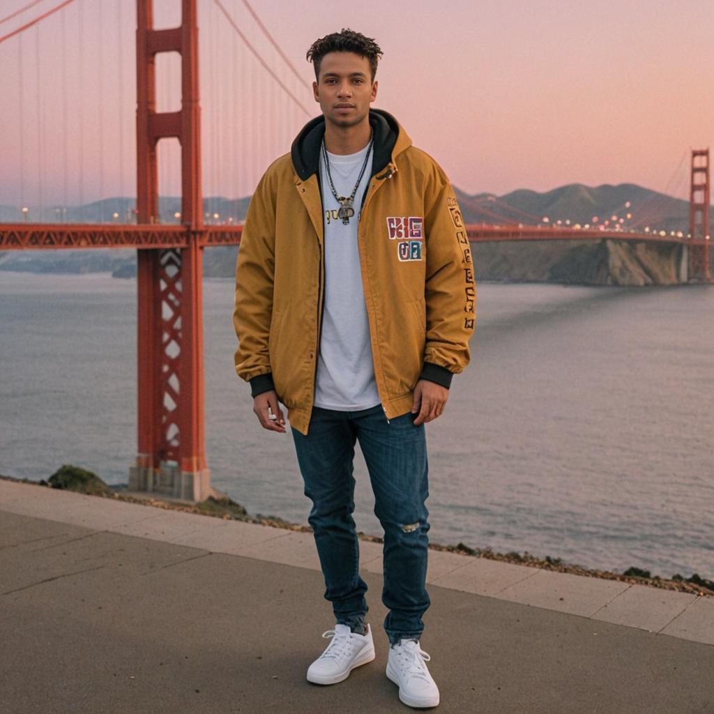 Man in Casual Streetwear at Golden Gate Bridge