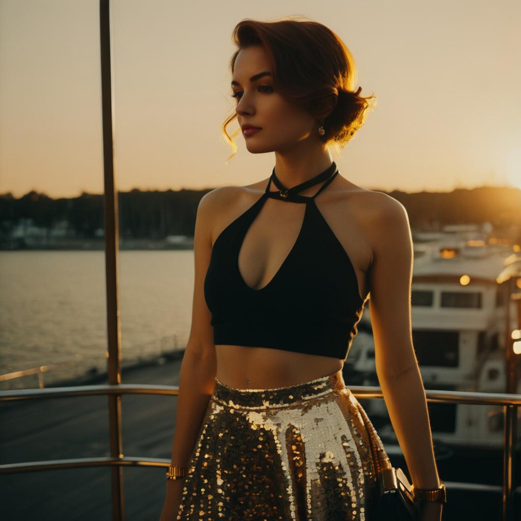 Elegant Woman in Black Halter Top and Gold Sequin Skirt on Boat at Sunset