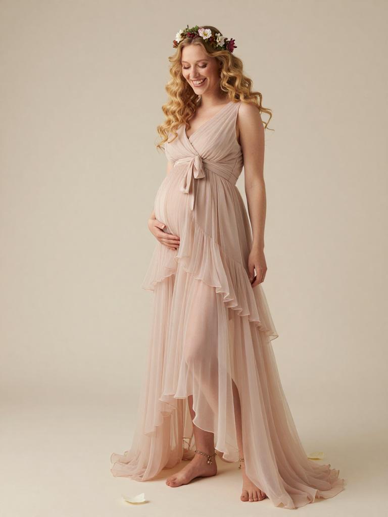 Pregnant Woman in Flowing Blush Pink Maternity Dress with Floral Crown