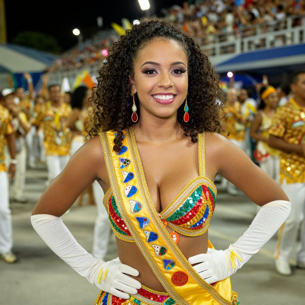 Brazilian Carnival Woman in Colorful Sequined Costume with Yellow Sash