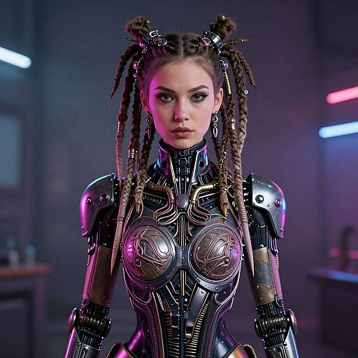 Futuristic Woman in Cybernetic Armor with Braided Hair